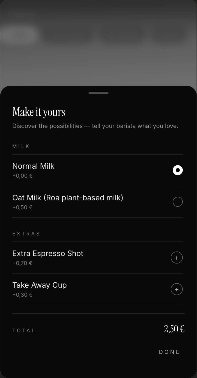 Official SipFlow milk, extras and total customization screenshot